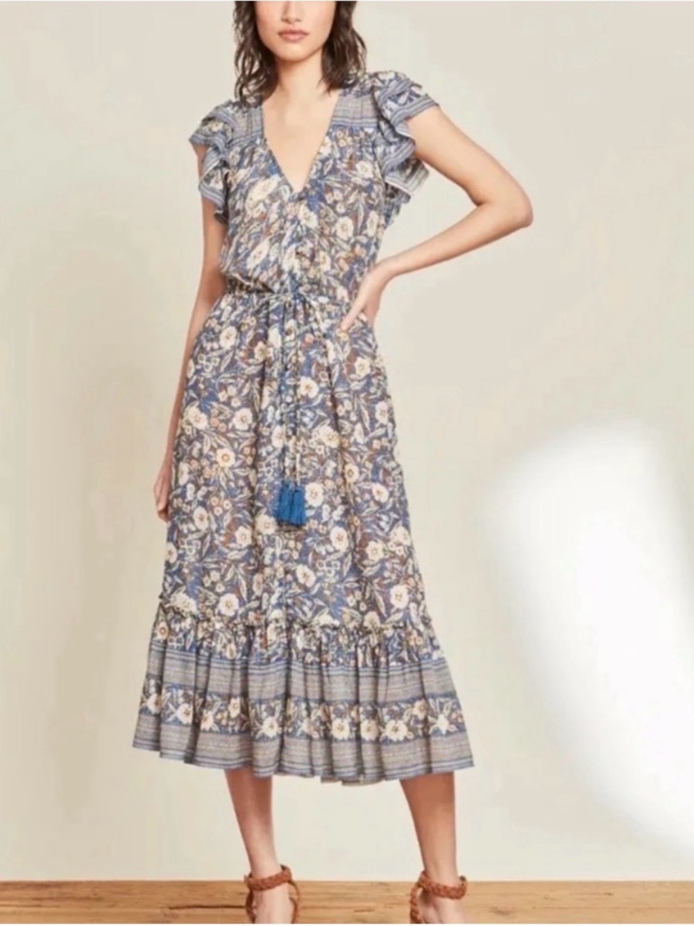 Veronica Beard Tonia Midi Midi Dress, Blue Floral with Tassel Tie, M